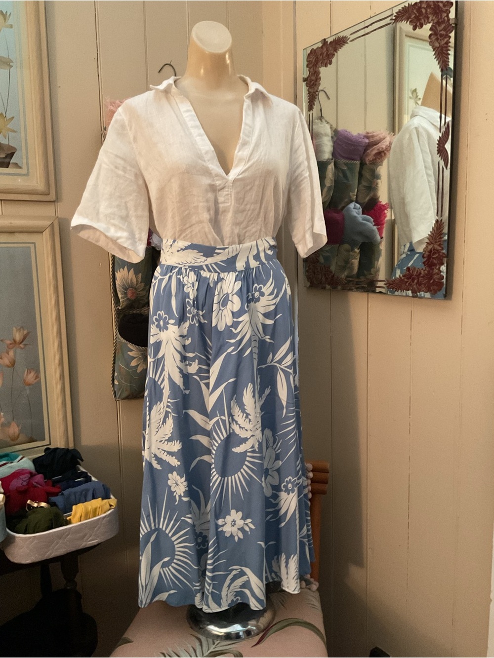 Trashy Diva L’Amour 1940s Style Blue and White A-Line Floral Midi Skirt Size 12